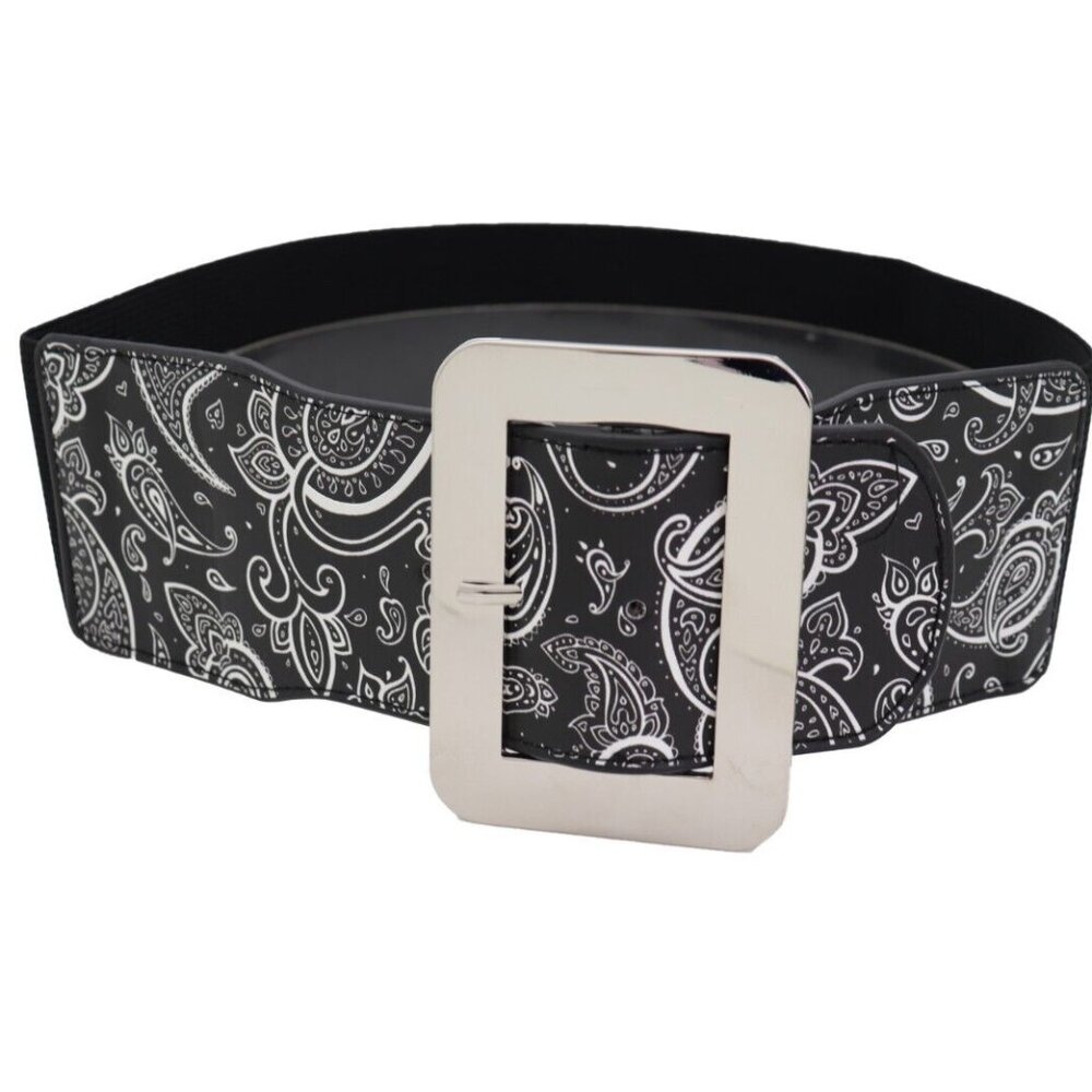 Womenâs Wide Black White Elastic Waist Hip Belt Silver Buckle Paisley Print S M - Picture 3 of 17